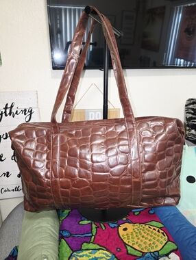 Brown Croc-Embossed Faux Leather Weekender Or Large Tote